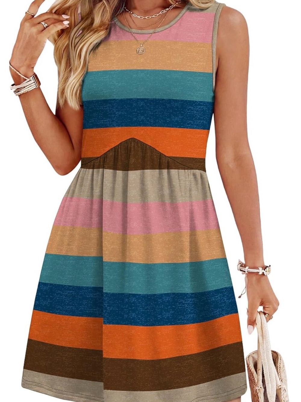 Sleeveless Multi-Stripe Summer Dress in Pink, Teal & Orange